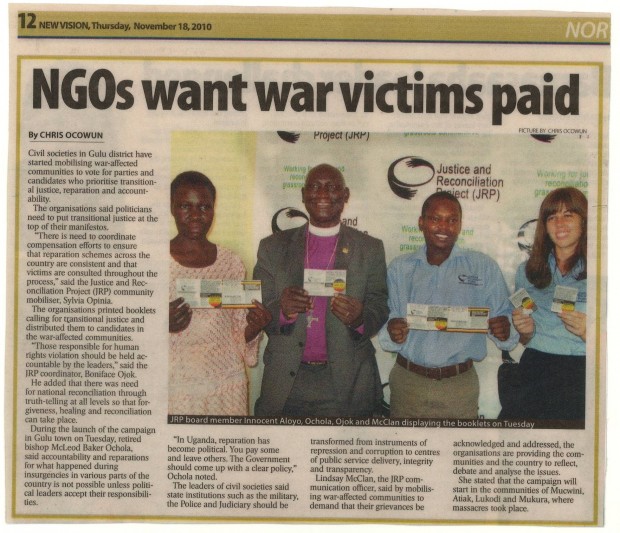 “NGOs want war victims paid,” New Vision, 18 November 2010